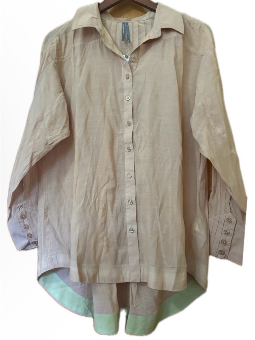 Anthropologie NWT Tan Sheer Pleated Back High Low Tunic Blouse- Retail: $128